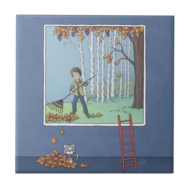 Boy raking leaves  ceramic tile (Front)