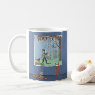 Boy raking leaves coffee mug
