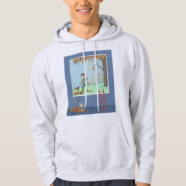 Boy raking leaves   hoodie (Front)