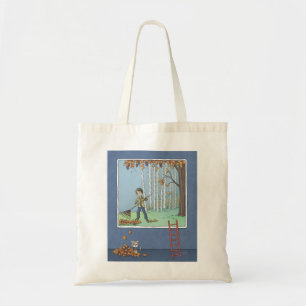 Boy raking leaves  tote bag