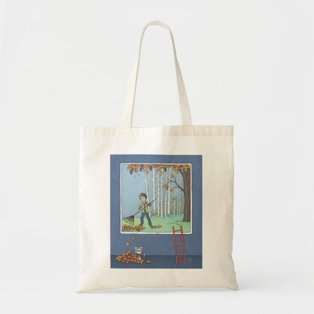 Boy raking leaves  tote bag (Front)