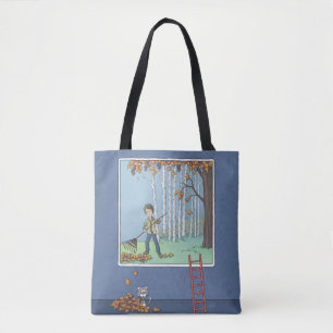Boy raking leaves  tote bag