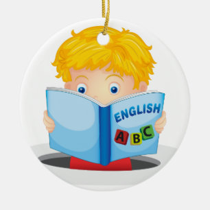 boy reading book ceramic tree decoration