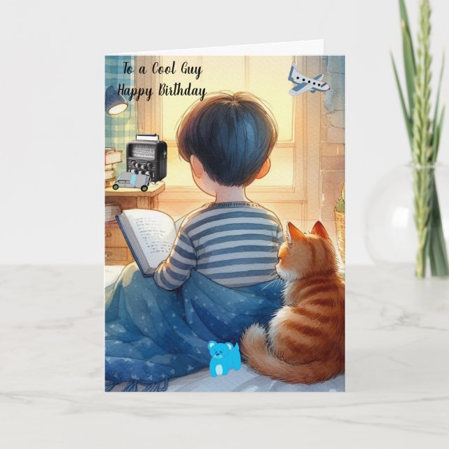Boy Reading Books with Cat Birthday  Card (Front)