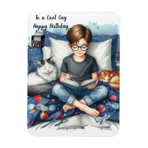 Boy Reading Books with Cats Birthday Magnet