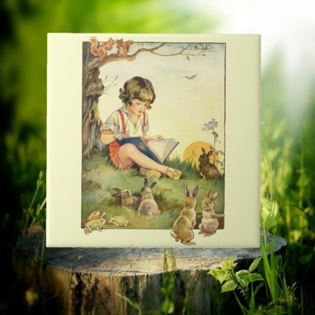 Boy reading under tree with rabbits ceramic tile (Creator Uploaded)