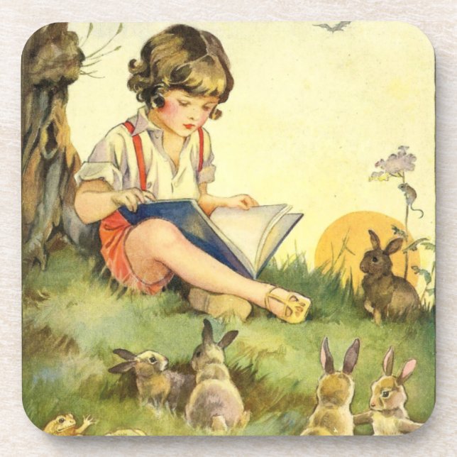 Boy reading under tree with rabbits coaster (Front)
