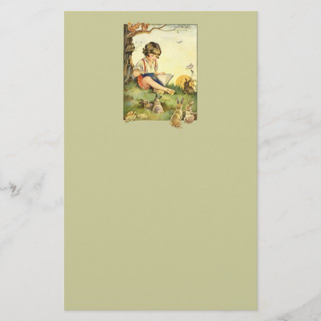 Boy reading under tree with rabbits stationery (Front)