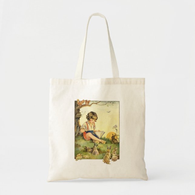 Boy reading under tree with rabbits tote bag (Front)