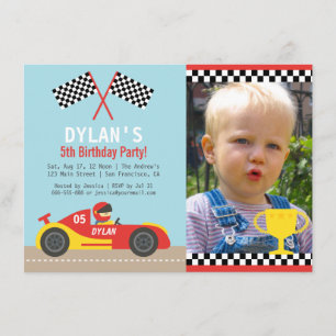 Boy Red Race Car Birthday Party Photo Invitations