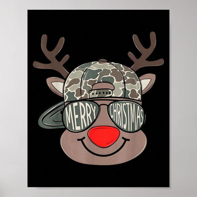 Boy Reindeer Hat Camo Hat Merry Christmas Xmas Boy Poster (Front)