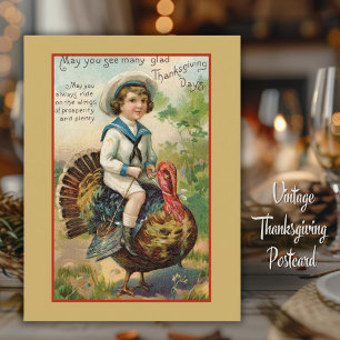 Boy Riding Turkey Vintage Thanksgiving Postcard