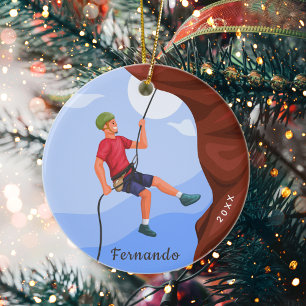 Boy Rock Climbing Illustration Name & Year Dated   Ceramic Ornament