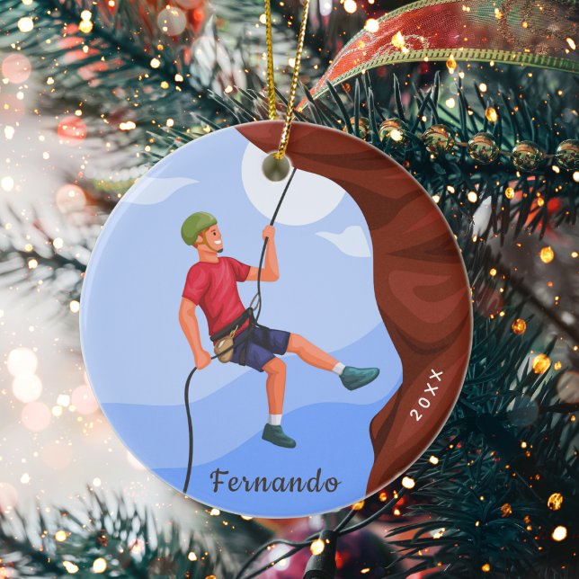 Boy Rock Climbing Illustration Name & Year Dated   Ceramic Ornament (Creator Uploaded)