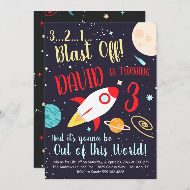 Boy Rocket Ship Outer Space Birthday Invitation (Front/Back)