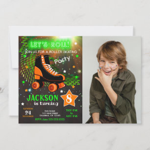 Boy Roller Skating Birthday Invitation Neon