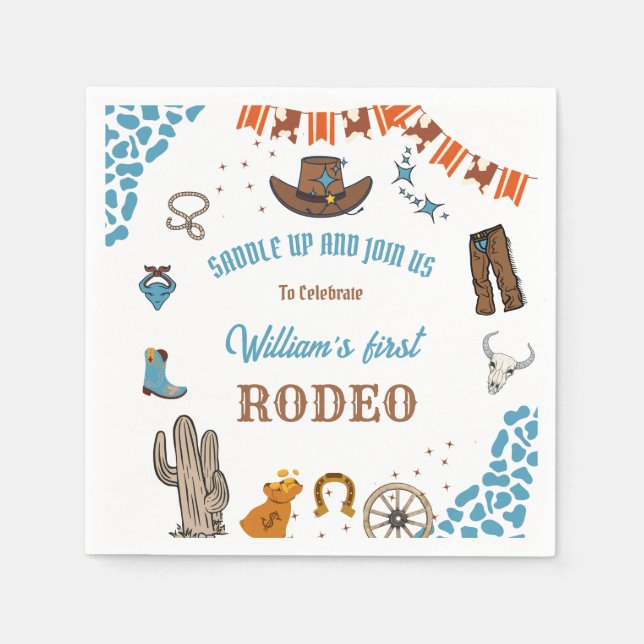 boy Rounded First Rodeo 1st Party Birthday Napkin (Front)