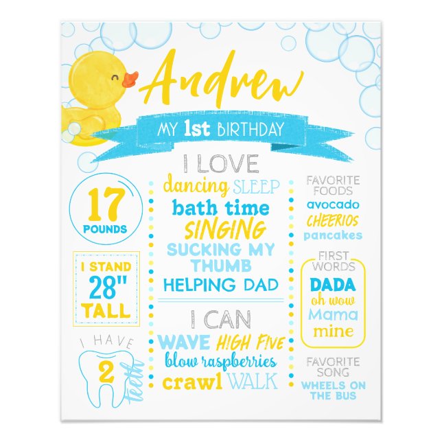 Boy Rubber Duck 1st Birthday Milestone Poster (Front)