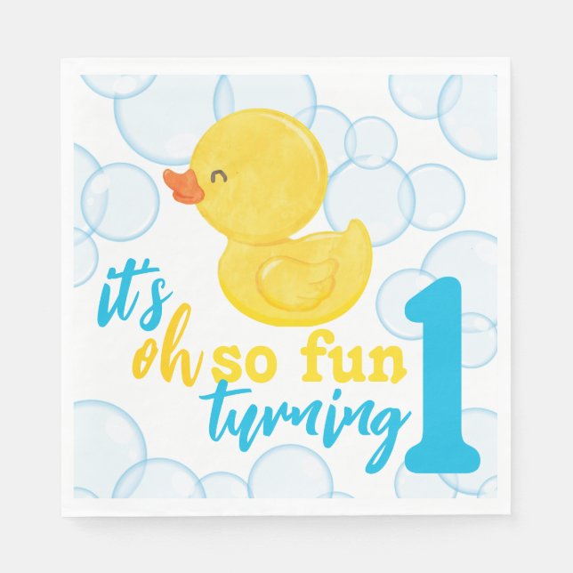 Boy Rubber Ducky Turning One First Birthday Napkin (Front)