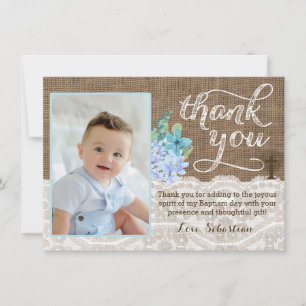 Boy Rustic Christening Thank You With Picture