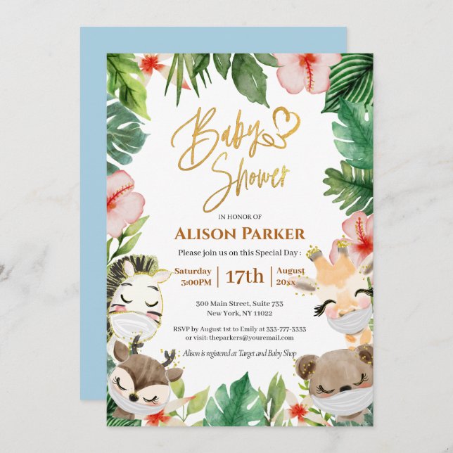 Boy Safari Animals Jungle Greenery Baby Boy Shower Invitation (Front/Back)