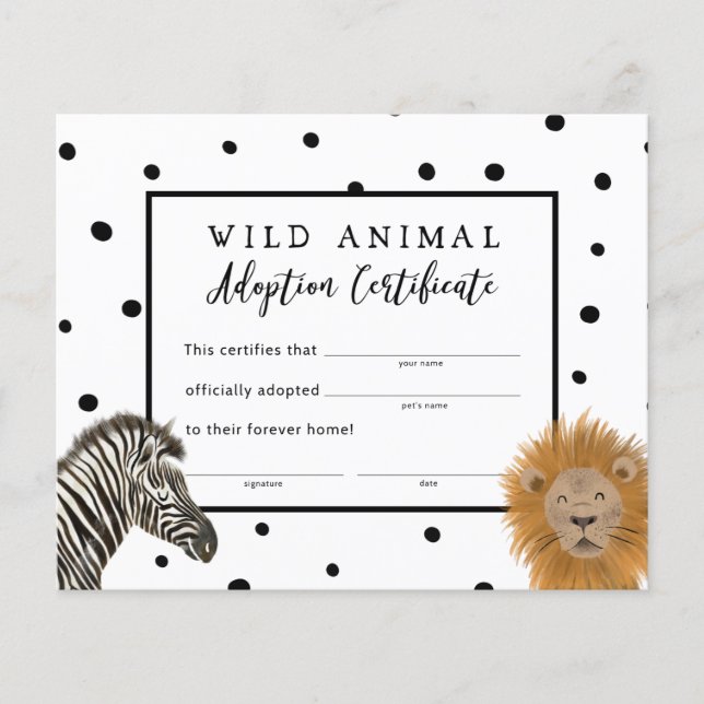 Boy Safari Birthday Party Adoption Certificate (Front)