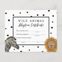 Boy Safari Birthday Party Adoption Certificate