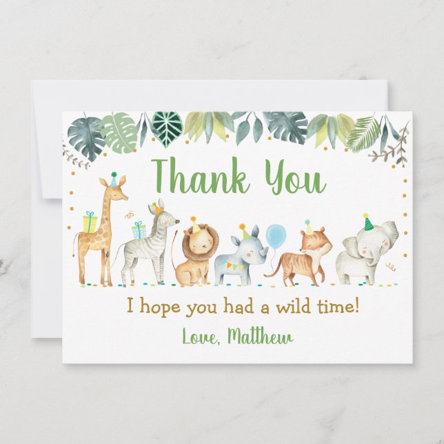 Boy Safari Party Animal Birthday Thank You Card (Front)