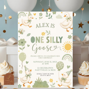 Boy Sage green ONE Silly Goose birthday invitation