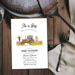 Boy Scarecrow Farm Animals Tractor Baby Shower Invitation