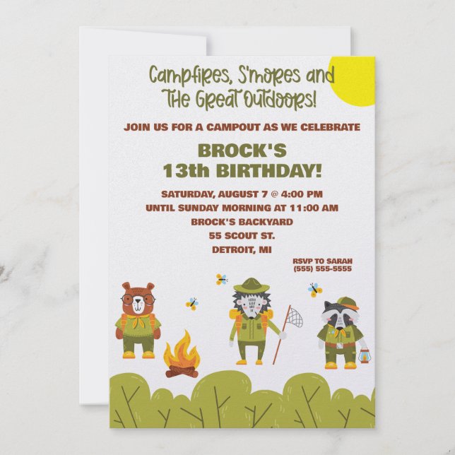 Boy Scouts, Camping, Outdoors Themed Birthday Invitation (Front)