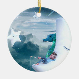 Boy & Seahorse Fishing on the Moon Ceramic Ornament