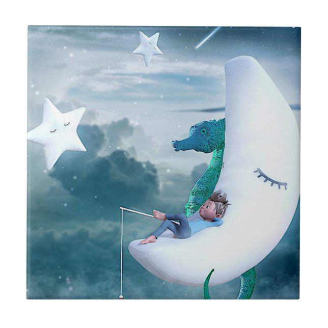 Boy & Seahorse Fishing on the Moon Ceramic Tile (Front)