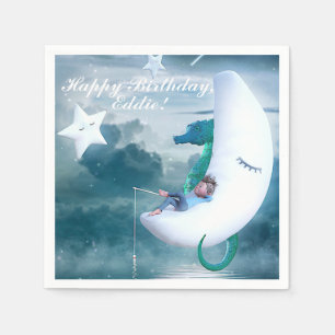 Boy & Seahorse Fishing on the Moon Napkin