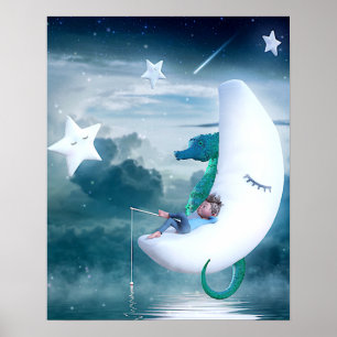 Boy & Seahorse Fishing on the Moon Poster