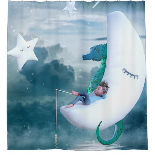 Boy & Seahorse Fishing on the Moon Shower Curtain