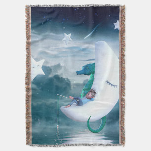 Boy & Seahorse Fishing on the Moon Throw Blanket