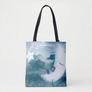 Boy & Seahorse Fishing on the Moon Tote Bag