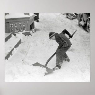 Boy Shovelling Snow, 1940. Vintage Photo Poster