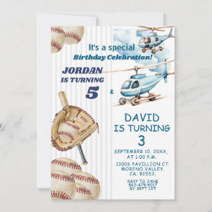 Boy Sibling Baseball and Aeroplane Joint Birthday Invitation
