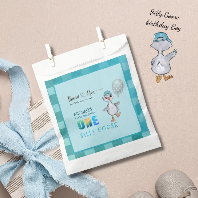 Boy Silly Goose 1st Birthday Blue Plaid  Favour Bag (Boy Silly Goose 1st Birthday Blue Plaid Favor Bag)