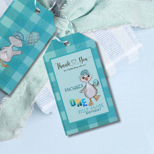 Boy Silly Goose 1st Birthday Blue Plaid Gift Tag