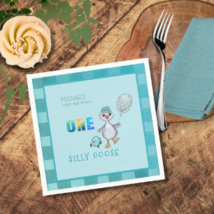 Boy Silly Goose 1st Birthday Blue Plaid Napkin