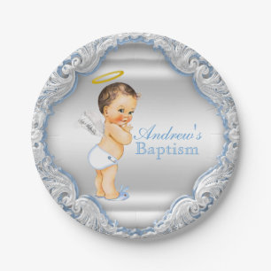 Boy Silver Blue Angel Baptism Paper Plate