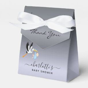Boy silver blue stork baby shower favour box