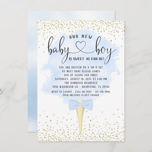 Boy Sip and See Blue Gold Cotton Candy Baby Shower Invitation (Front/Back)