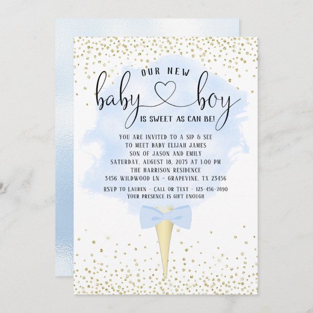 Boy Sip and See Cotton Candy Baby Shower Invitation (Front/Back)