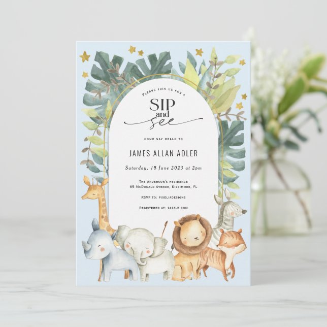 boy sip and see safari themed baby shower invitation (Standing Front)