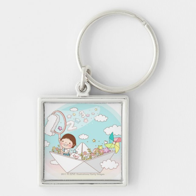 Boy sitting in paper boat key ring (Front)