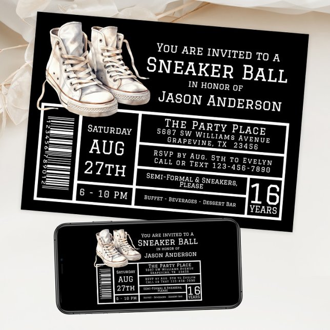 Boy Sneaker Ball Birthday Party  Invitation (Sneaker ball invitation with hightop sneakers shoe box label style. For instant download and print.)
